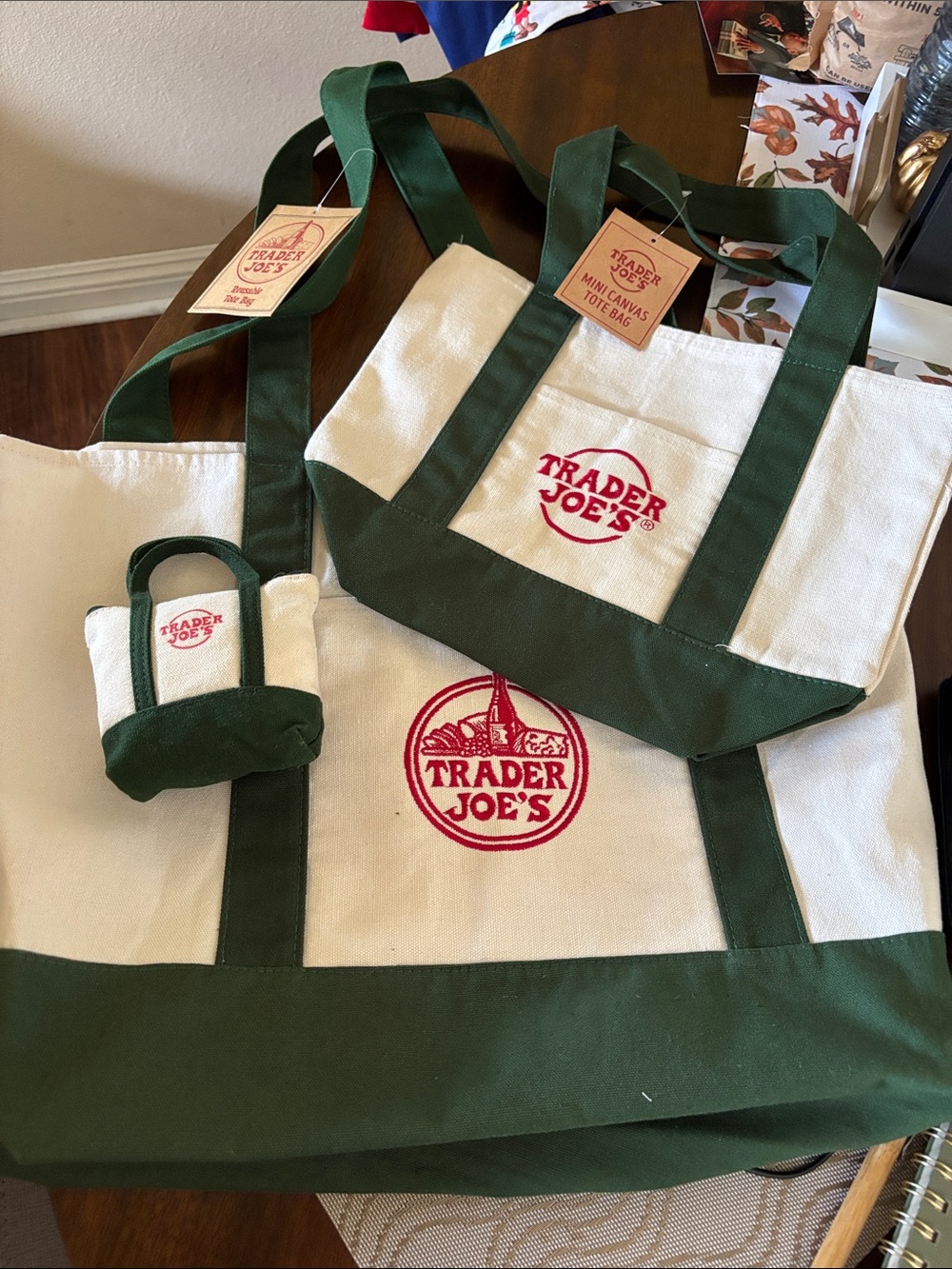 Trader Joe's Cream Canvas Tote with Forest Green Accents